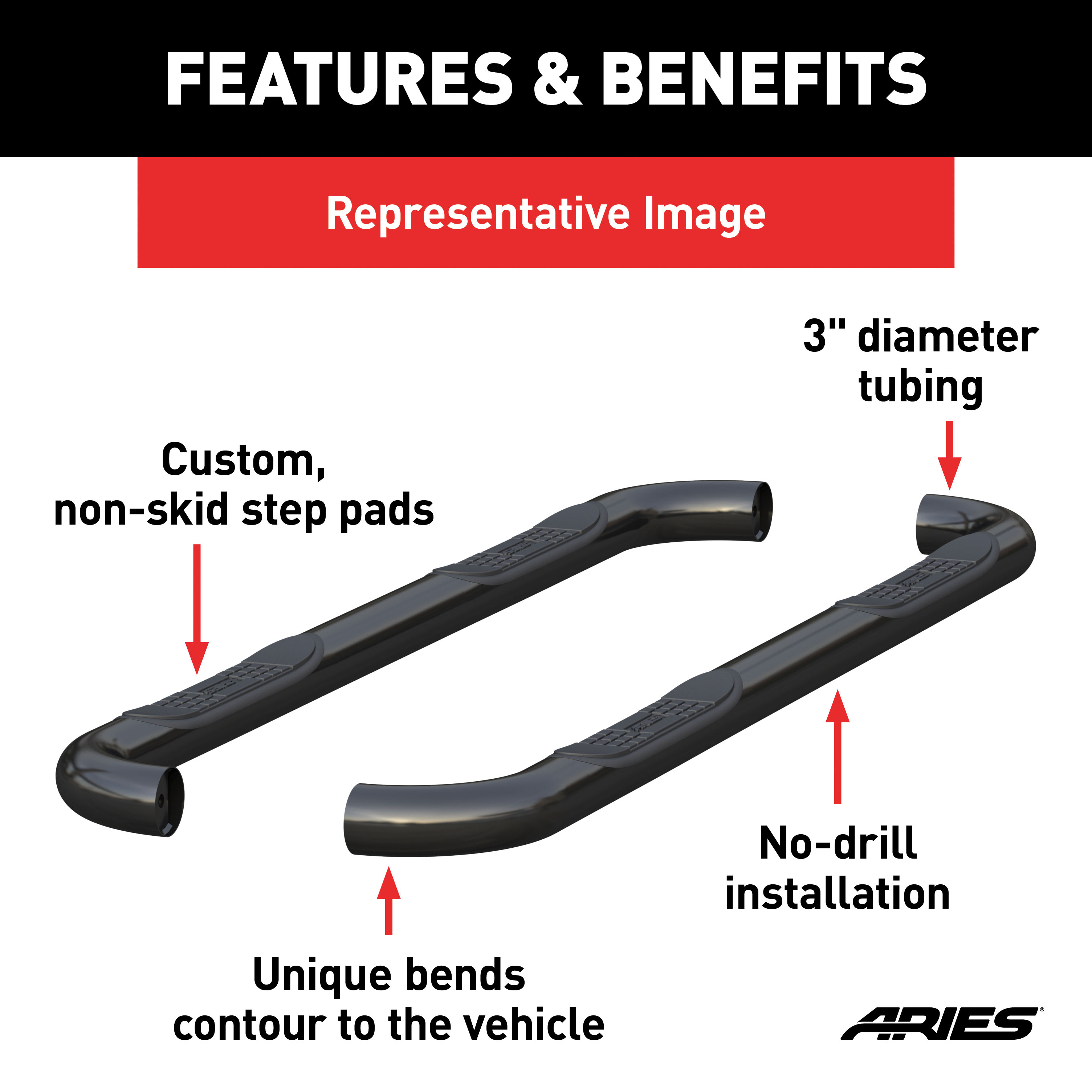 ARIES 214051 3-Inch Round Black Stainless Steel Nerf Bars, No-Drill, Select Chevrolet Colorado, GMC Canyon