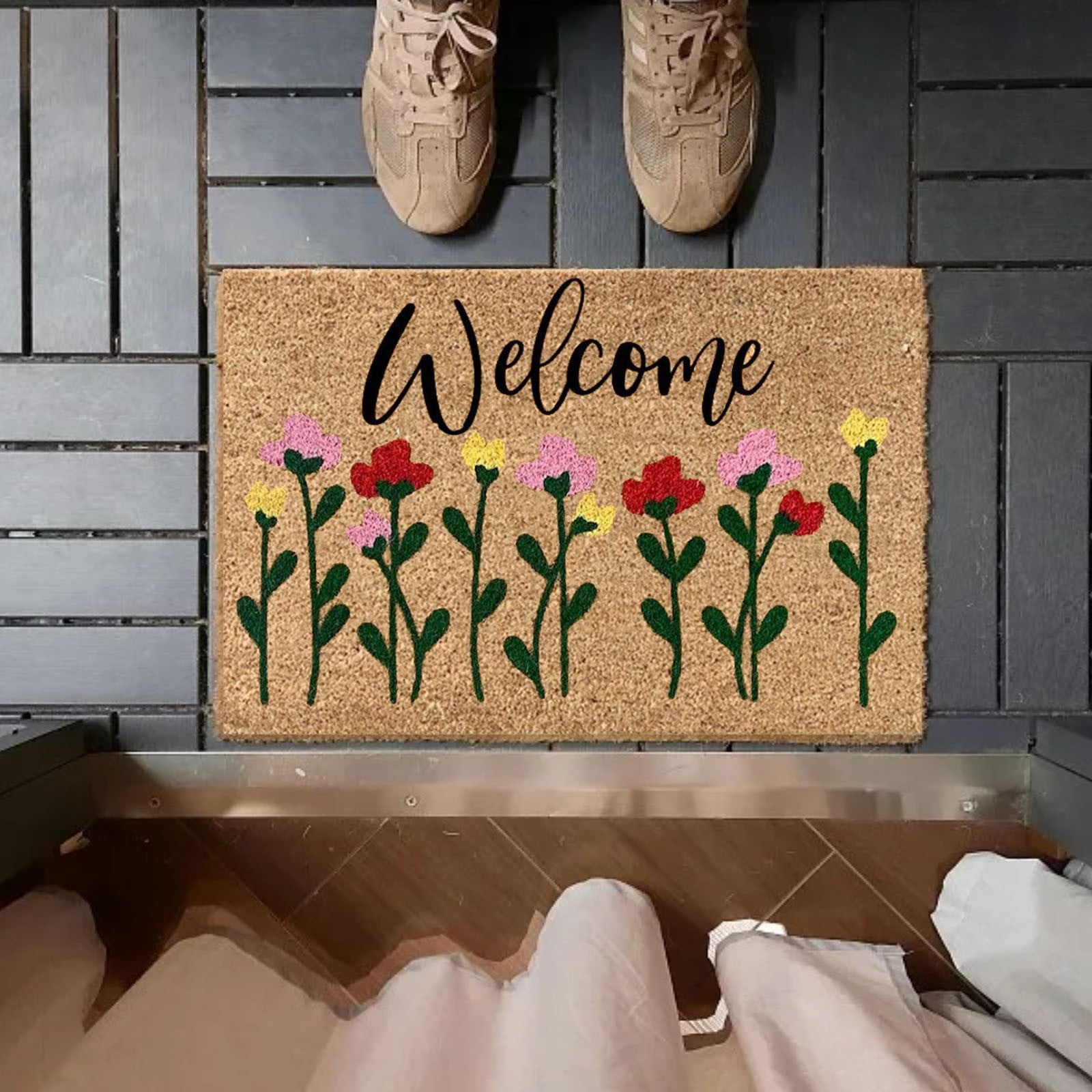 1PCS Vintage Spring Welcome Coir Doormat Retro Rug for Front Door, Indoor Outdoor Welcome Mat Spring Home Entryway Outside Yard Home Decoration