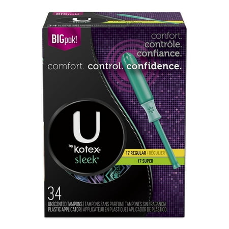 U by Kotex Sleek Slender Tampons Multipack, Regular/Super Absorbency, 34 Count