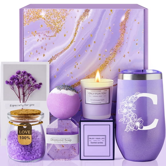 Juego de cestas de regalo para spa con iniciales MADDIFY Lavender con vaso