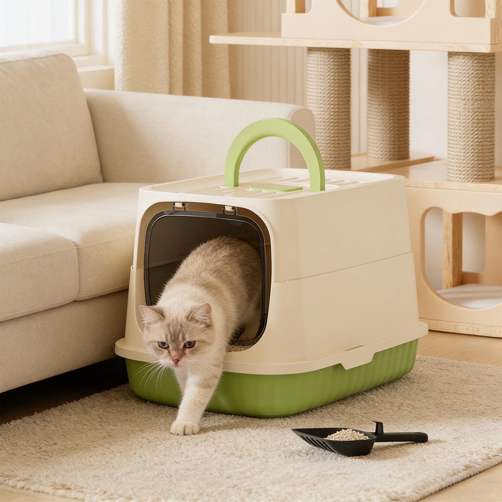 Kuroiy Enclosed Cat Litter Box | Extra Large Covered Litter Tray | Splash-Proof Pan with Lid | Easy Clean Plastic | Non-Slip Bottom | Green or Gray | Includes Shovel | 48x32x29cm