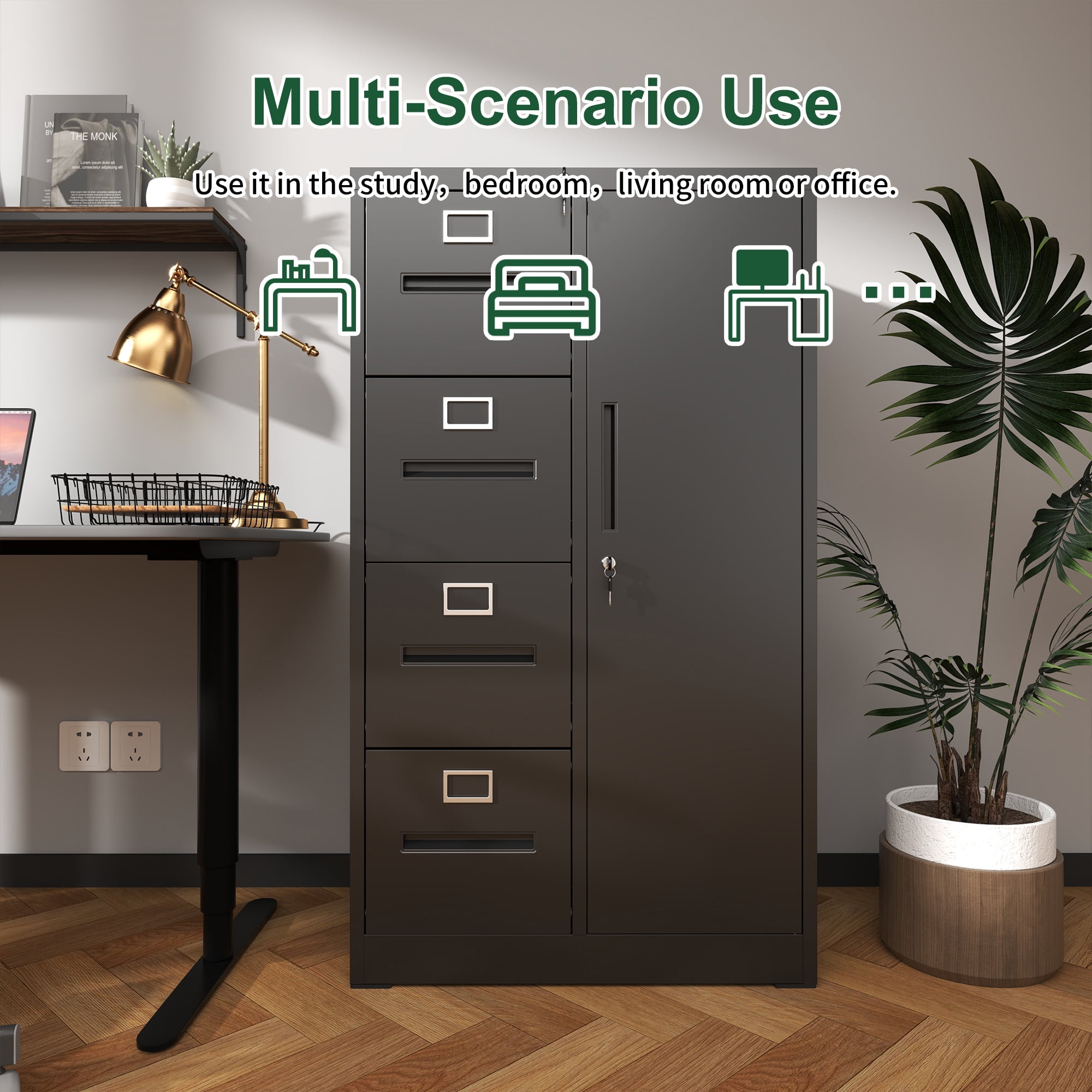 Storage Vertical Filing Cabinet with Lock, Steel File Locker with 4 Drawers and 1 Door for School, Living Room, Bedroom, Office (Black)