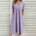 thumbnail image 3 of Tshirt Dress Women Cotton Linen Spring Summer Short Sleeve V Neck Smocked Loose Fit Flowy Midi Dress with Pockets, 3 of 5