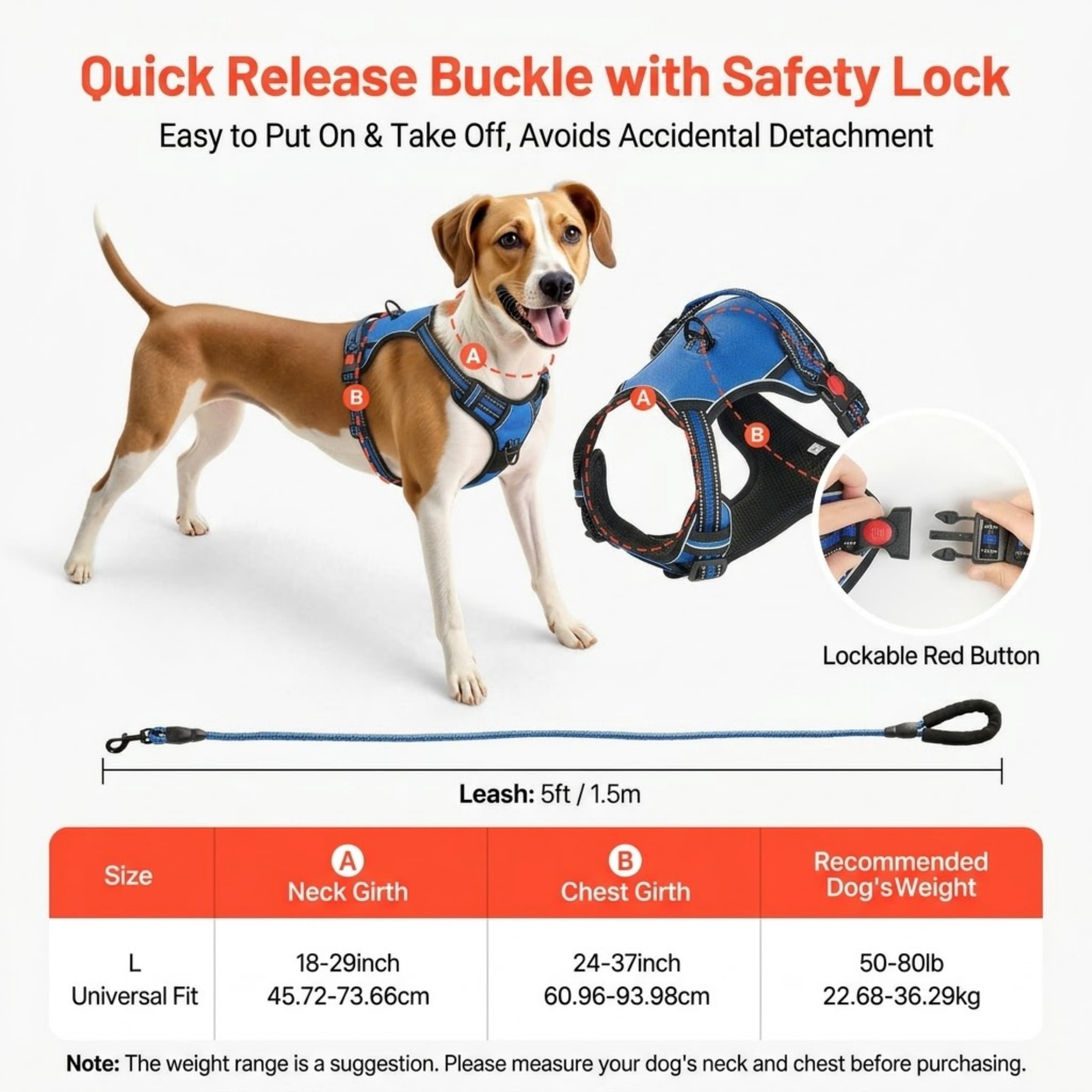 Dog Harness for Large Dogs, No Pull Adjustable Dog Vest Pet Harness, with 5ft Leash, Handle, Metal Rings, Buckles, Reflective Stitching 600D Oxford Fabric, for Training, Walking, and Hiking