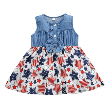 

B91xZ 4th of July Dresses Toddler Girls Sleeveless Independence Day Star Printed Dress 4 Of July Kids Bowknot Denim Princess Blue 2-3 Years