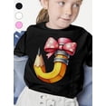 thumbnail image 1 of Girls' Pink Cartoon Pencil & Polka Dot Bow Back to School T-Shirt - Soft Stretch Knit Loose Fit Short Sleeve Top, Machine Washable Summer Tee, Backtoschool apparel, Fun Graphic Shirt, Comfortable, 1 of 7