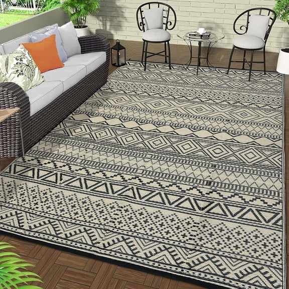 9x12 Outdoor Rug - Waterproof Foldable Reversible Bohemians Patio Rug Black/Coffee
