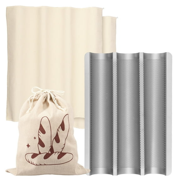 French Bread Baking Pan with Proofing Cloth 3 Slots French Bread Mold with Bread Bag Perforated Long Bread Loaf Pan Nonstick French Bread Pan Loaf Pan Mold for Baking Bread