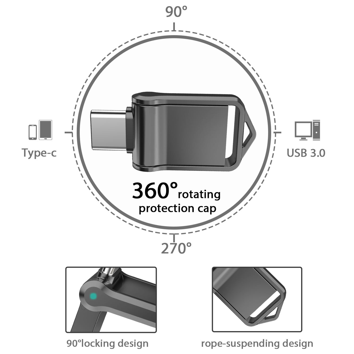 KOOTION 128GB USB 3.0 Type C Flash Drive Dual Port Thumb Drive Mini Pen Drive On the Go OTG Metal Jump Drive Memory Stick, Silver