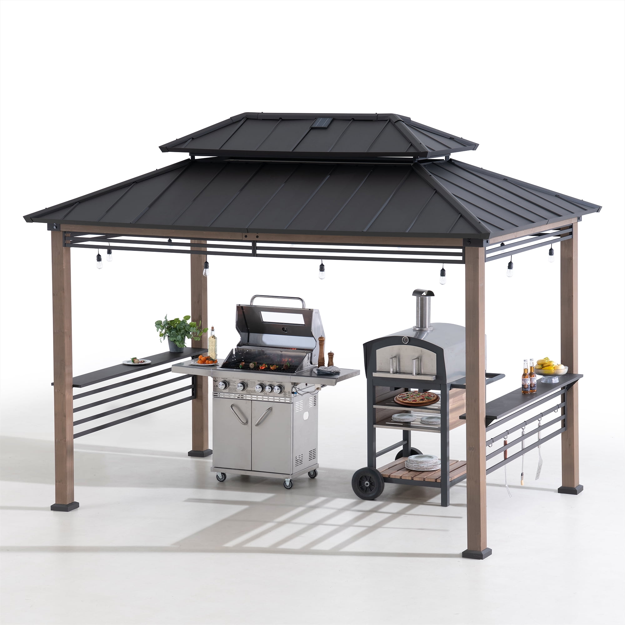 Sunjoy 8ft. x 12 ft.  Wooden Cedar Framed Grill Gazebo with DC Solar Power - Brown