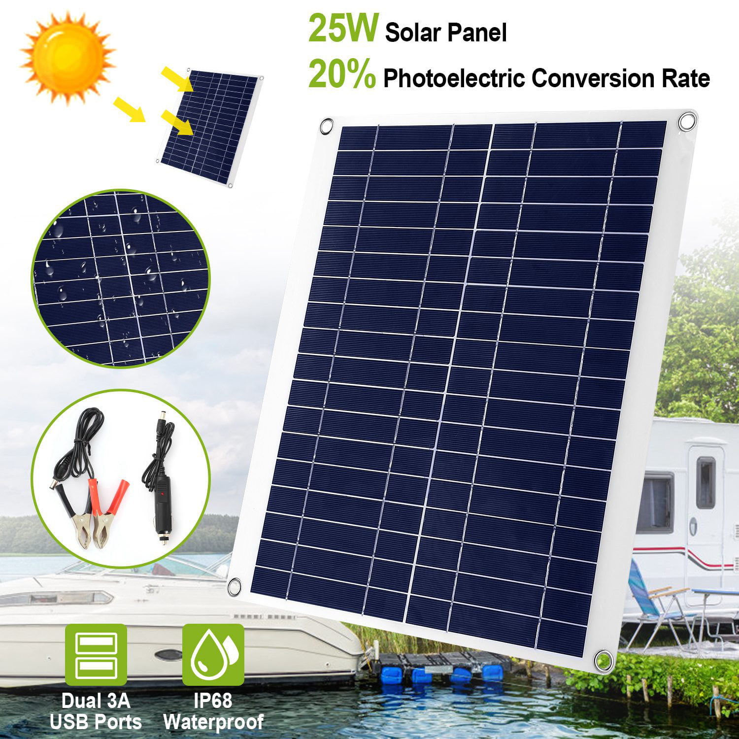 30W USB Solar Panel 5/12V 10-in-1 Charging Line For Boat Car Home Camping HikYE 