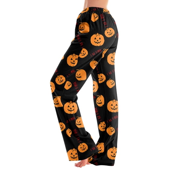 Womens Halloween Sleep Pants Relaxed Straight Leg Pajama Bottoms Full Length Casual Lounge Wear Elastic Waist No Drawstring Comfy Pjs for Home Black L