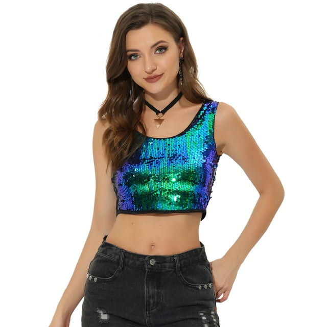 Camiseta sin mangas Allegra K con cuello redondo y lentejuelas metálicas para mujer Verde azul L
