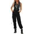 thumbnail image 2 of INSPIRE CHIC Women's Metallic Faux Leather Lapel Collar Sleeveless Zip Cropped Vest L Black, 2 of 6