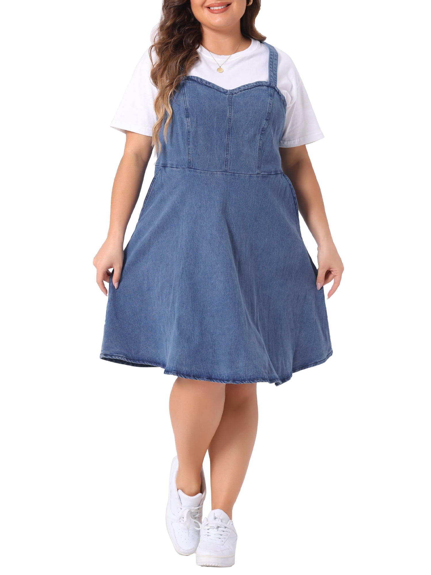 DARING DIVA Women's Plus Size Denim Overall Adjustable Straps Pockets Dress 5X Light Blue
