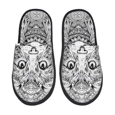 

Fuzoiu Intricate Cat Mandala Print Unisex Furry Slippers Plush Indoor Shoes Trendy House Slippers Anti-Skid EVA Sole House Shoes for Home Office and Travel -Large