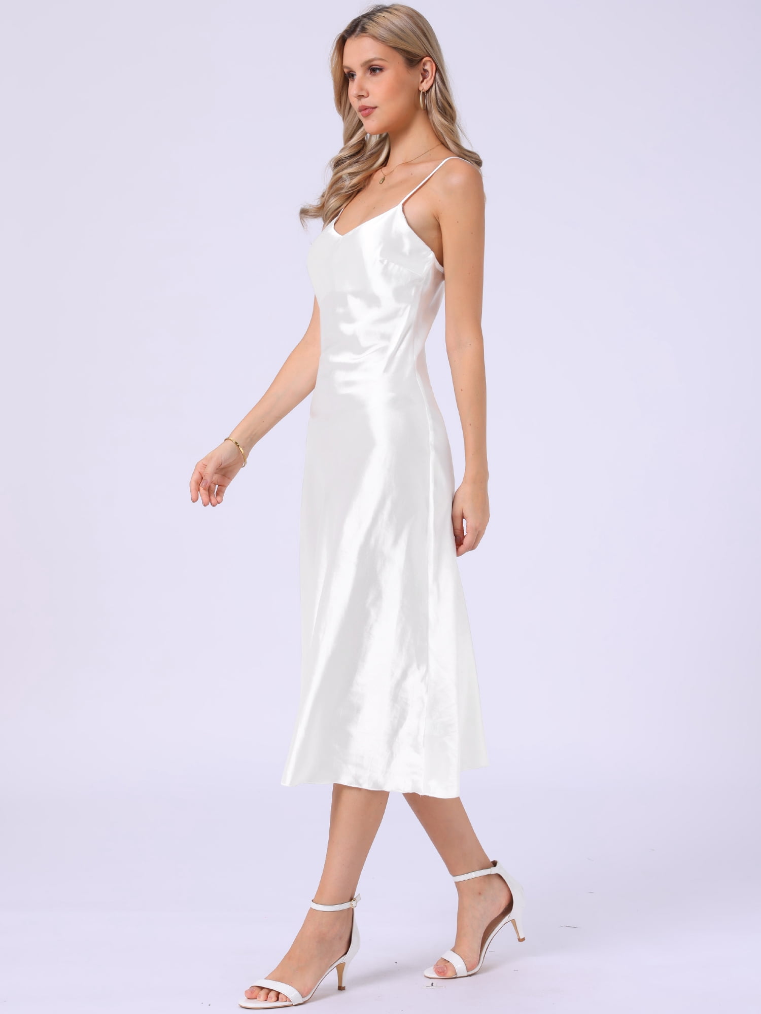 DARING DIVA Satin V Neck Spaghetti Strap Silky Maxi Dress XS White