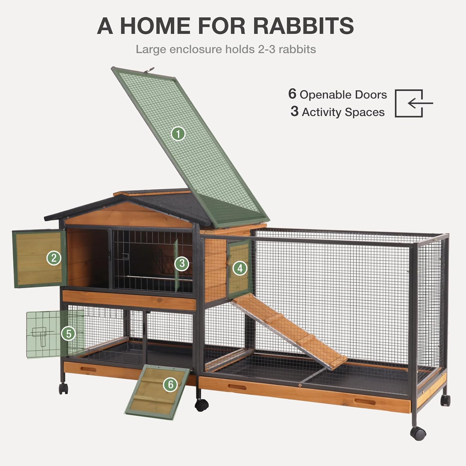 Rabbit Hutch Outdoor,Bunny Cage with Wheels and Removable Proof Tray,Weatherproof Rabbits Cage Indoor with Chew-Resistant Metal Frame