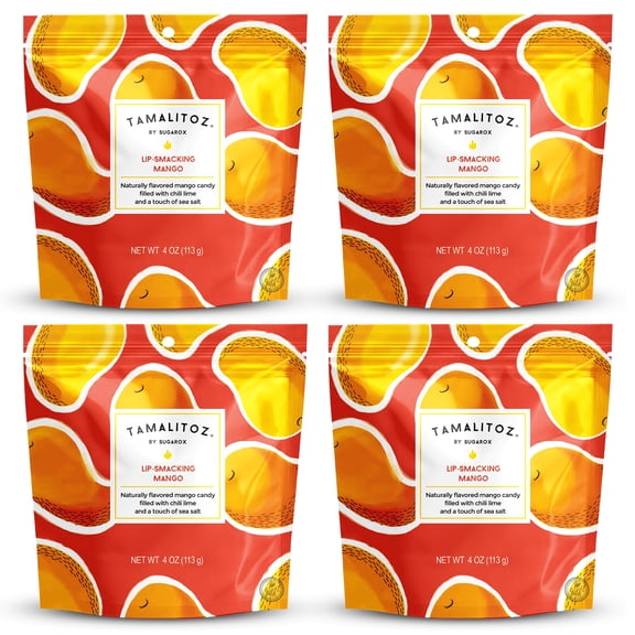 Tamalitoz Lip-Smacking Mango – Spicy Mango Mexican Hard Candy Filled with Chile, Lime & Sea Salt Center, Handcrafted Fruit Candy, Gluten-Free, Kosher, No Artificial Colors – 4 Bags (4oz Each)