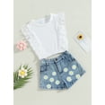 thumbnail image 3 of Faithtur Toddler Girls Summer 2PCS Outfit Sets White Ruffle Sleeve Ribbed Tops + Daisy Print Denim Shorts, 3 of 8
