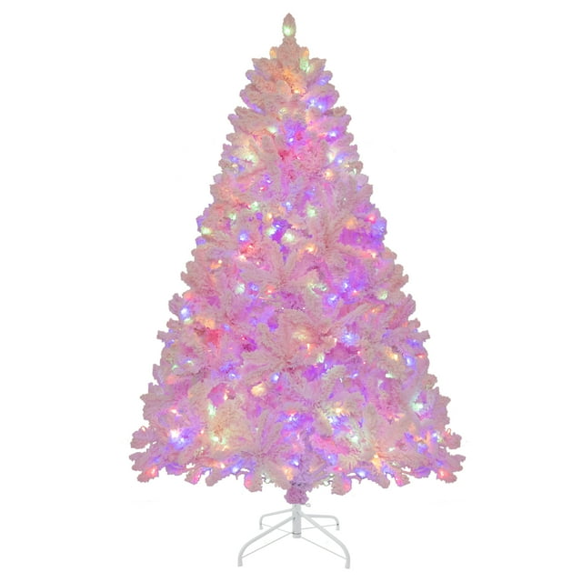 Patiojoy 6FT Pink Artificial Christmas Tree Pre-lit Hinged Snow Flocked Xmas Tree with 808 Branch Tips 8 Lighting Modes