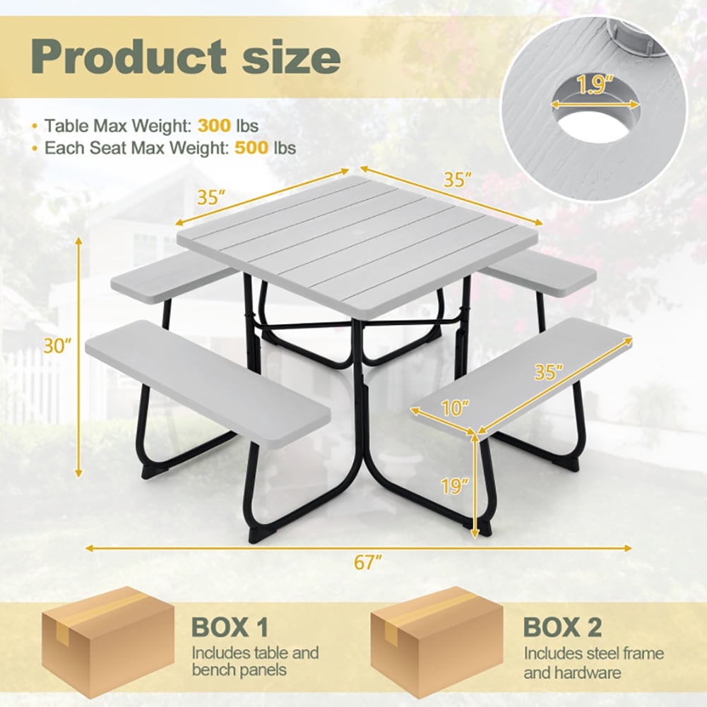 Aimee Lii Outdoor Picnic Table with 4 Benches and Umbrella Hole, Outdoor Patio Furniture, Gray