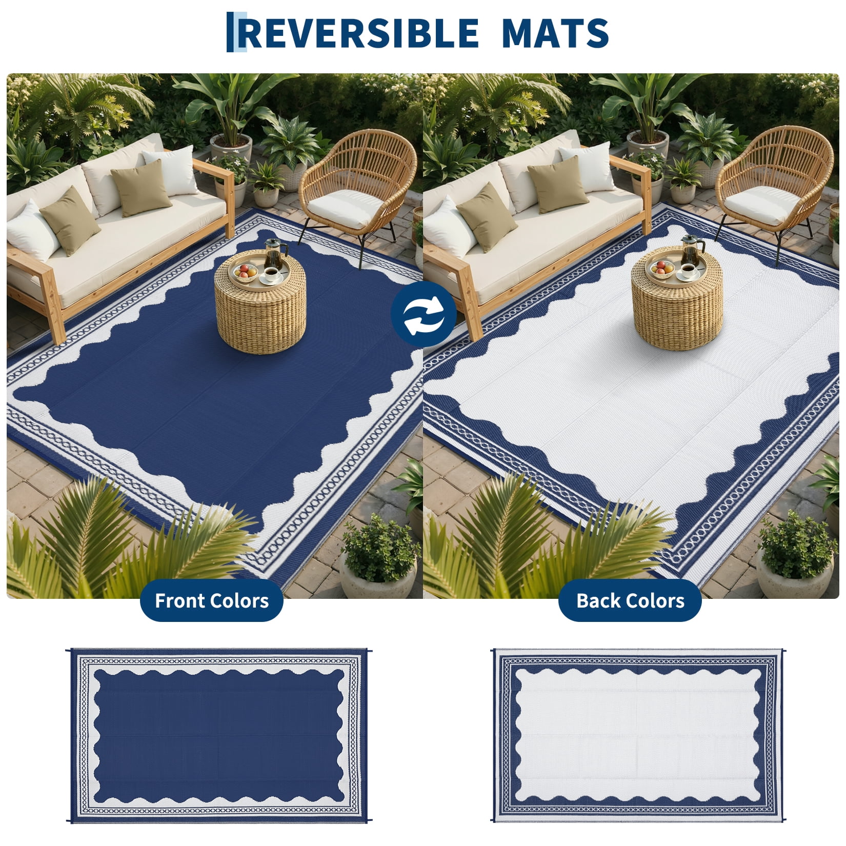 Garvee Outdoor Rug 10x14ft Modern Bordered Reversible Plastic Straw Rug, Waterproof RV Camping Rug Foldable Patio Rug for Deck Porch Balcony Backyard Picnic Beach, Dark Blue