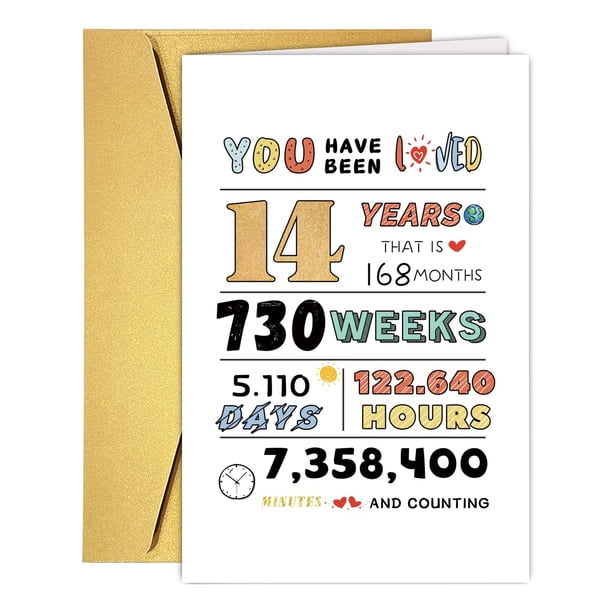 COLINHELIN Tarjeta de cumpleaños número 14 para niñas y niños, tarjeta de cumpleaños de 14 años para hijo, hija, ideas de regalo de 14 cumpleaños, niños, niñas, él, ella, dulce catorce años, decoracio