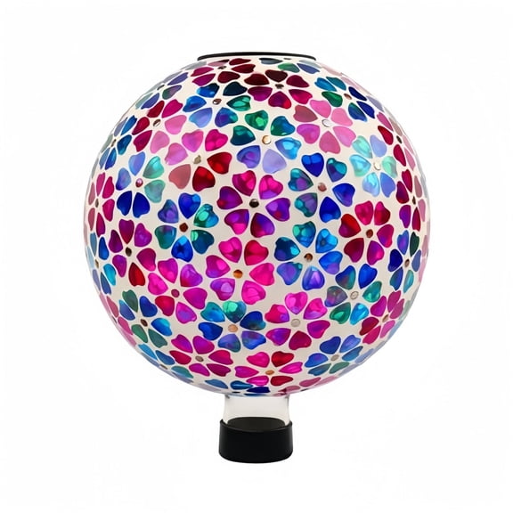 VOREEN Mosaic Solar Glass 10in Multicolor Heart Flower Design Glass Gazing Ball, Solar, IP44 Waterproof