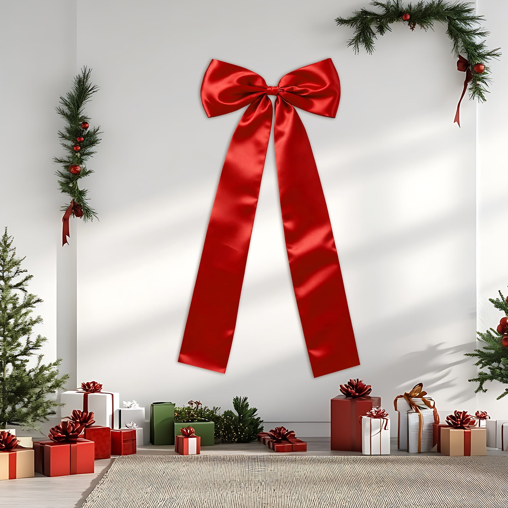 Amkui 23"x63" Christmas Tree Topper Bow Large Red Ribbon Bow for Xmas Tree Decor Staircase Outdoor Home Front Door Holiday Party & Wedding Decorations -1pc