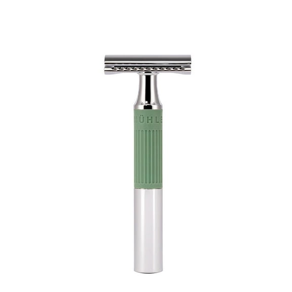 MÜHLE NEO safety razor|double edge safety razor for beginners and experienced shavers|sustainable eco-friendly and reusable|for men and women|chrome with sage green silicone grip handle