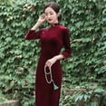 thumbnail image 2 of ALSLIAO - Nuevo y lujoso vestido largo de terciopelo para mujer, cheongsam chino, corte entallado, qipao rojo vino, talla 2XL, 2 of 8
