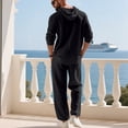 thumbnail image 5 of UVEASISHA Mens 2 Piece Cotton Linen Set Long Sleeve Button Hoodies and Pants Sets Summer Casual Beach Vacation Outfits Sports Suit with Pockets Black 3XL, 5 of 9