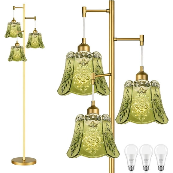 Gold Floor Lamp for Living Room,Bedroom,Tree 3 Light Standing Lamp Mid Century Modern Brass Tall Floor Lamps Vintage Retro Floor Lights Glass Green Flower Lamp Shade Farmhouse Boho Bohemian