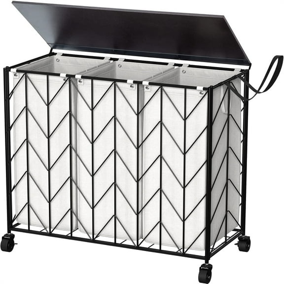 Laundry Basket with Wheels, 142L Laundry Hamper 3 Section with Lid, Dirty Clothes Hamper with Removable Bags, Large Capacity Iron-Made Laundry Basket Organizer Laundry Sorter for Dorm, Beige