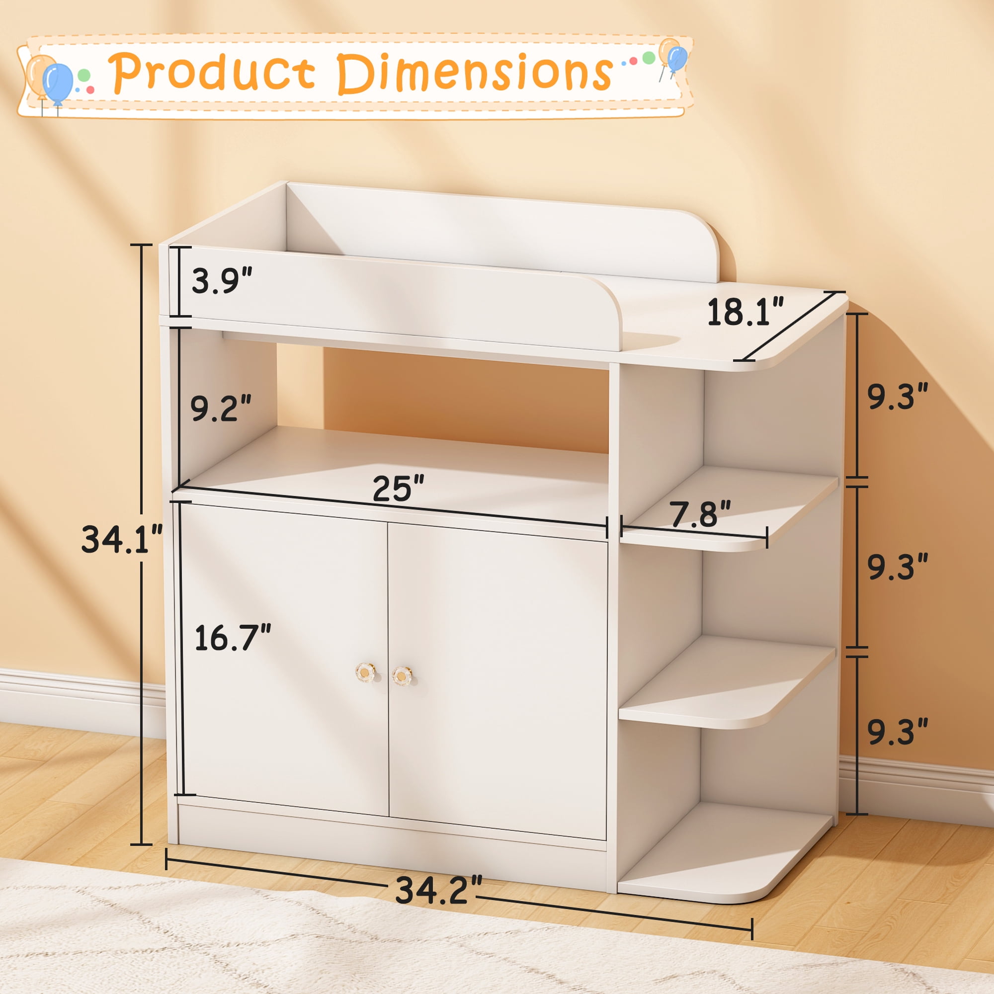 makeapile dresser with changing table,Nursery 4 Open Shelves Plus Double-Door Cabinet, Multifunctional baby changing table, White