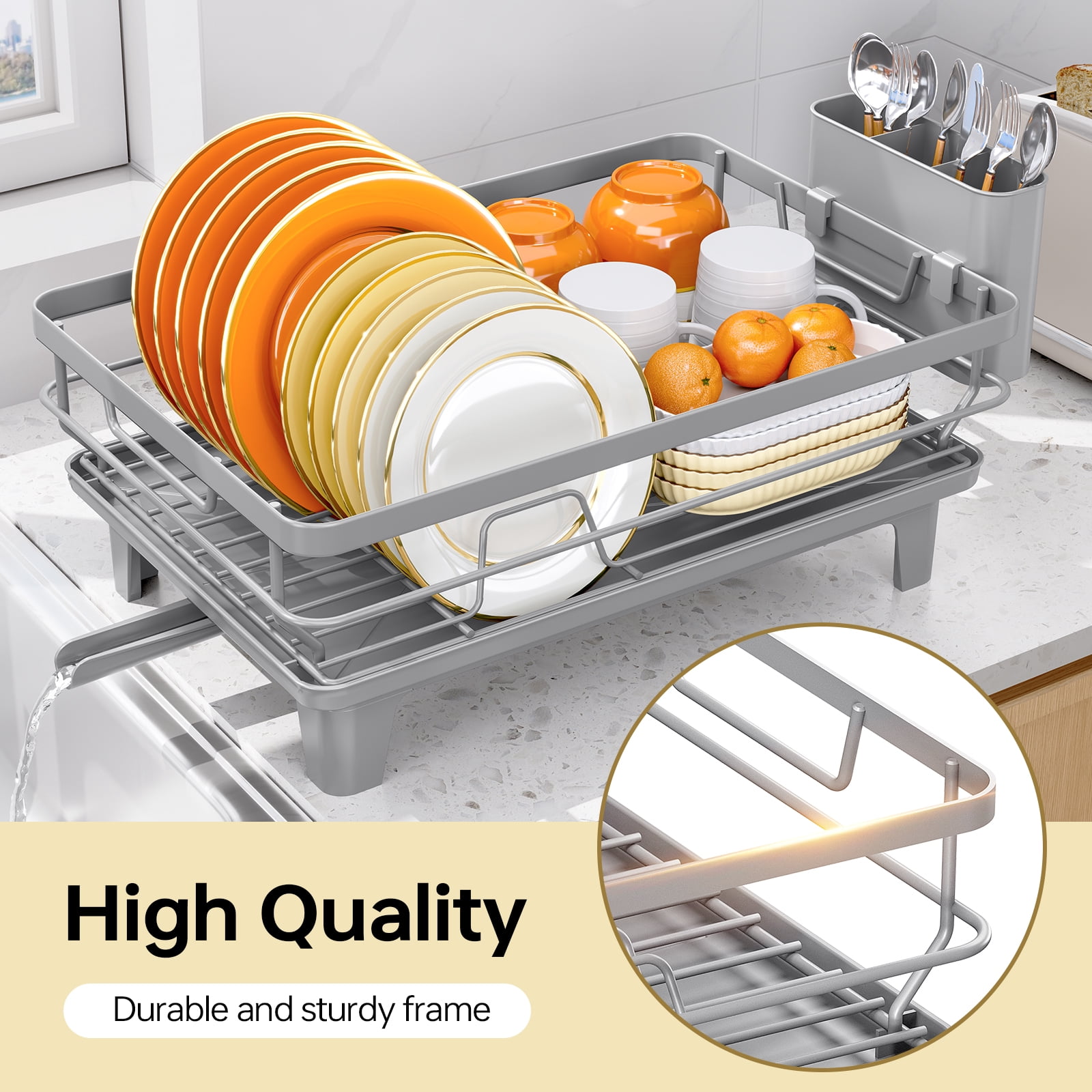 KINGRACK Dish Drying Rack, Large Dish Rack with Drainboard and Cup & Utensil Holders, Stainless Steel, Over Sink or Counter, Gray