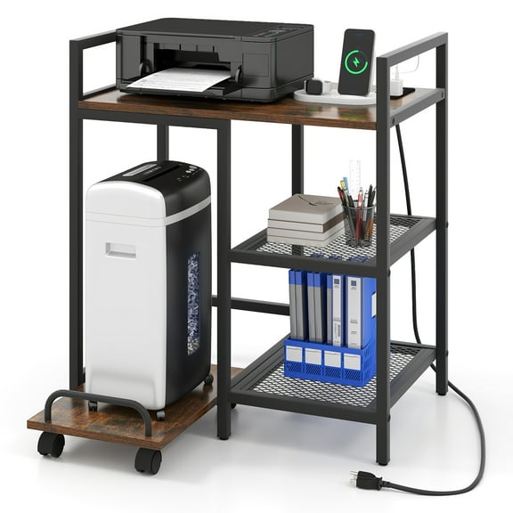 Gymax 25'' x 16'' 3-Tier Printer Table w/ Storage Shelves Wheels for Home Office Rustic Brown