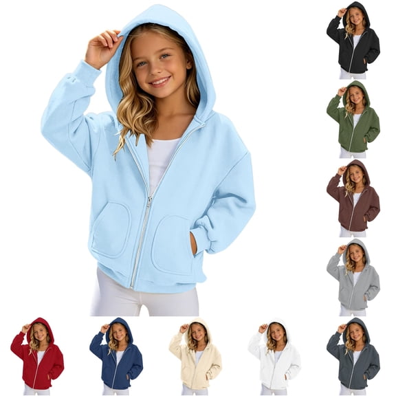AWZXDE Girls Zip Up Hooded Sweatshirt Solid Color Casual Hoodie Jacket For Kids Lightweight Comfortable Daily Wear Light Blue,6-7 Years