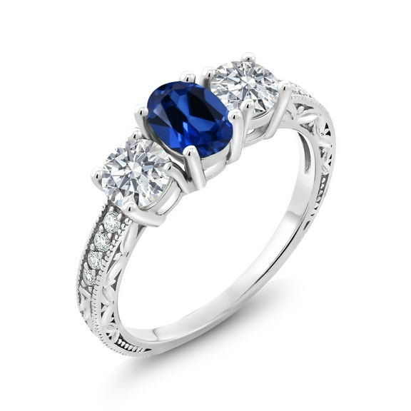 Gem Stone King 10K White Gold Blue Created Sapphire and Lab Grown Diamond Engagement Ring for Women | 2.12 Cttw | Oval 7X5MM | Gemstone September Birthstone | Size 8