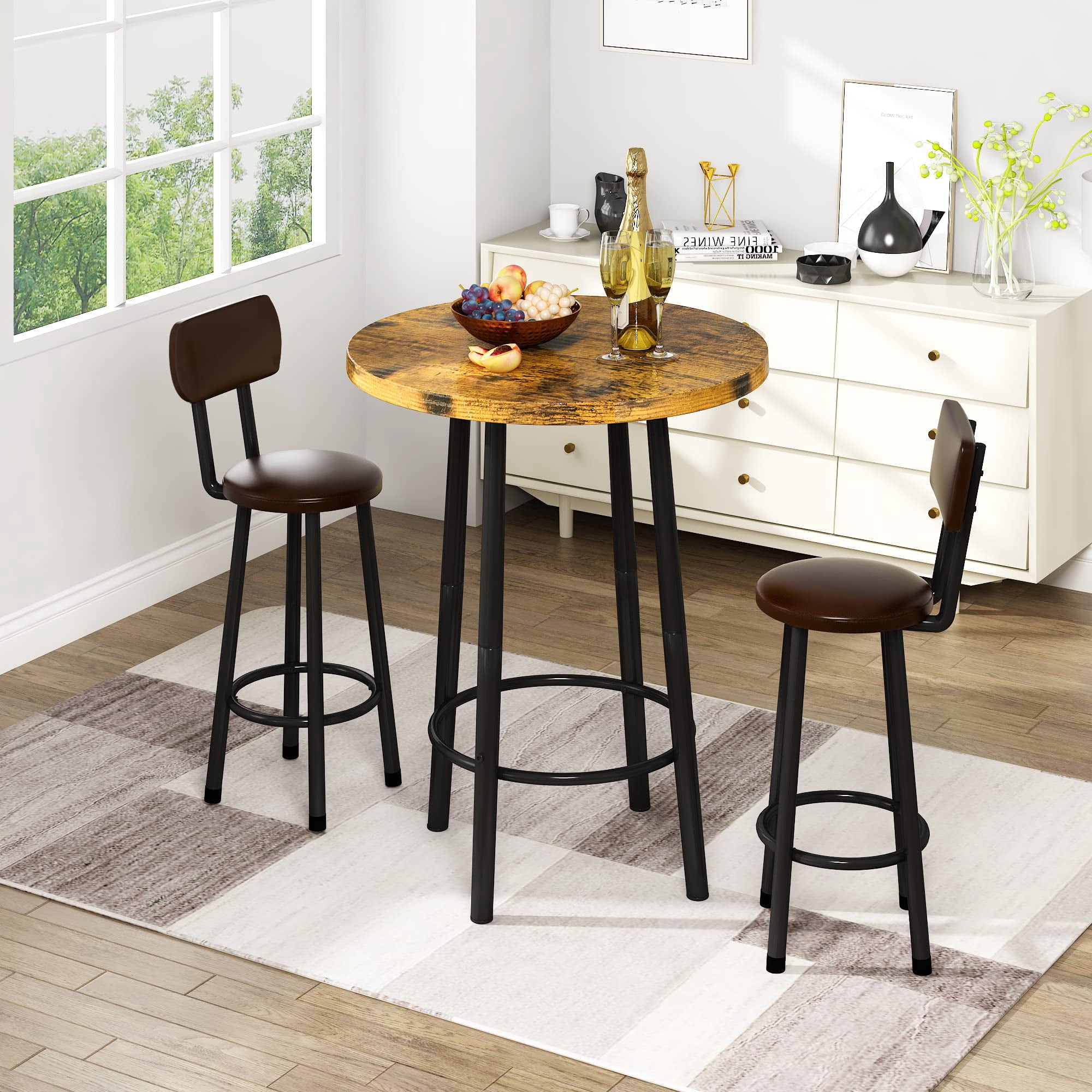 MOOSENG Bar Table Set of 2, Bistro Kitchen Table Sets with 2 PU Leather Bar Stools, Wood Pub Bar Table Set for Breakfast Nook Small Space Restaurant, Round Table