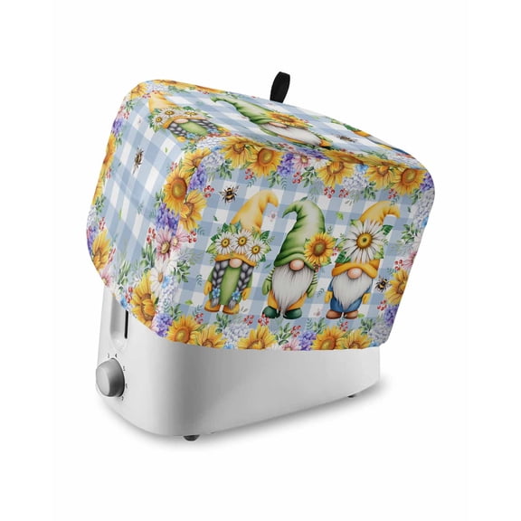 Sunflowers Toaster Cover 4 Slice, Large Kitchen Appliance Covers, Spring Gnomes Daisy Hydrangea Flowers Blue Plaid Toaster Oven Cover with Loop, Bread Machine Cover Polyester Dust Cover Protection