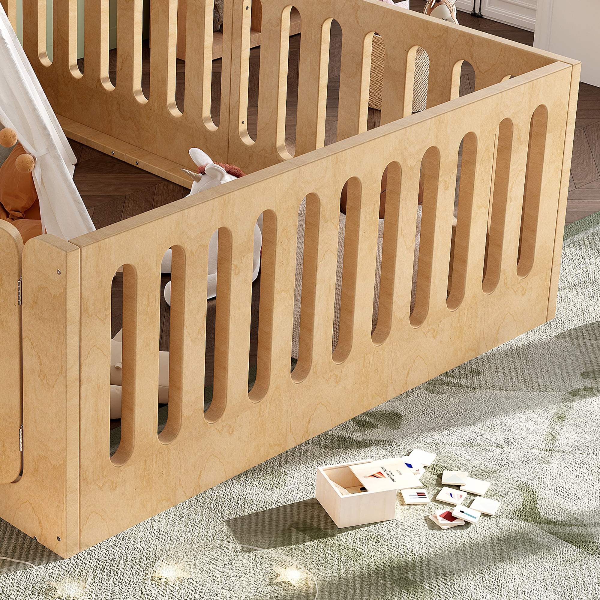 Floor Bed with Safety Rails and Door, Queen Solid Wood Platform Bed and Montessori Style Bed Frame for Bedroom, Natural