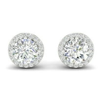 GRA Certified 3 Carat Round Cut D/VVS1 Natural Moissanite Halo Stud Earrings In 14K White Gold Plated Silver Push Back