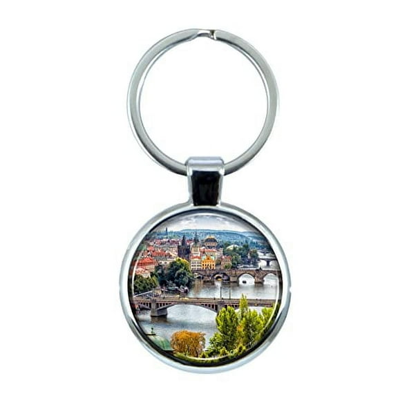 Praque Czech Republic Keychain with Epoxy Dome and Metal Keyring