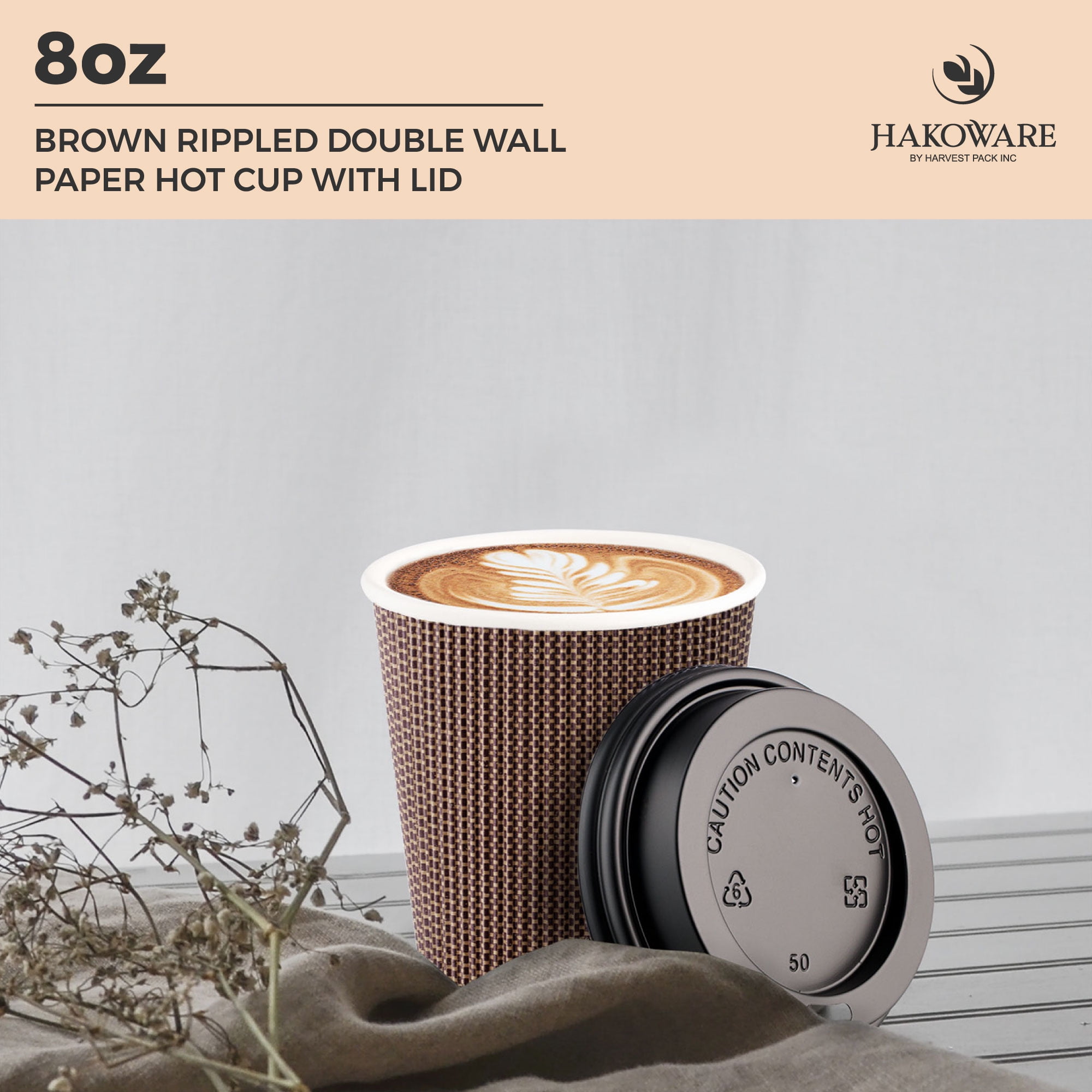 600 SET]Harvest Pack 8 oz Disposable Coffee Cups, Insulated Ripple  Double-Walled Paper Cup with Lid, Brown Geometric, Tea Hot Chocolate Drinks  To go coffee cups - Walmart.com, image size:2000x2000