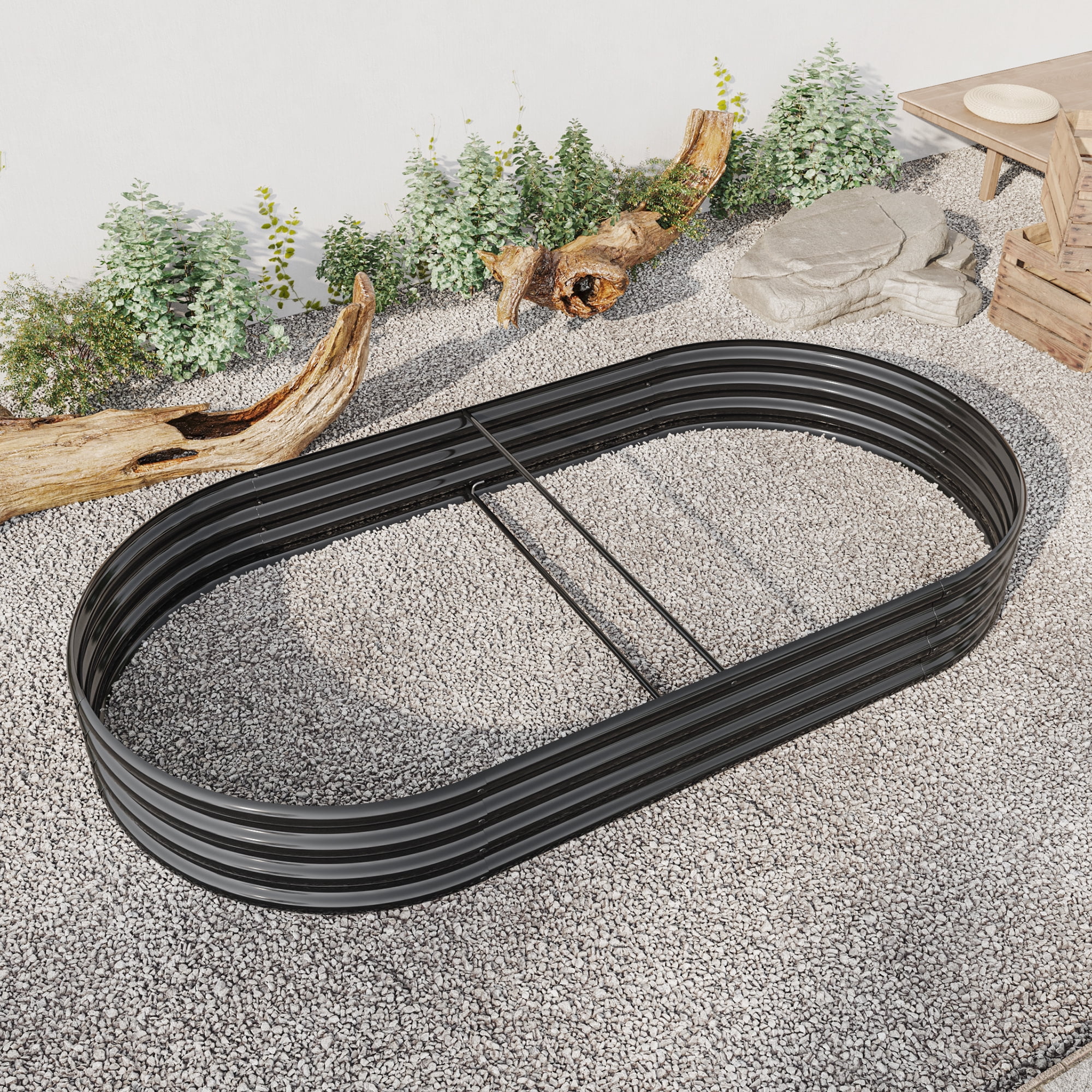 Miniyam 7.4×3.72×0.95ft Metal Raised Garden Bed, Oval Raised Planter for Flowers Plants, Vegetables Herb, Black