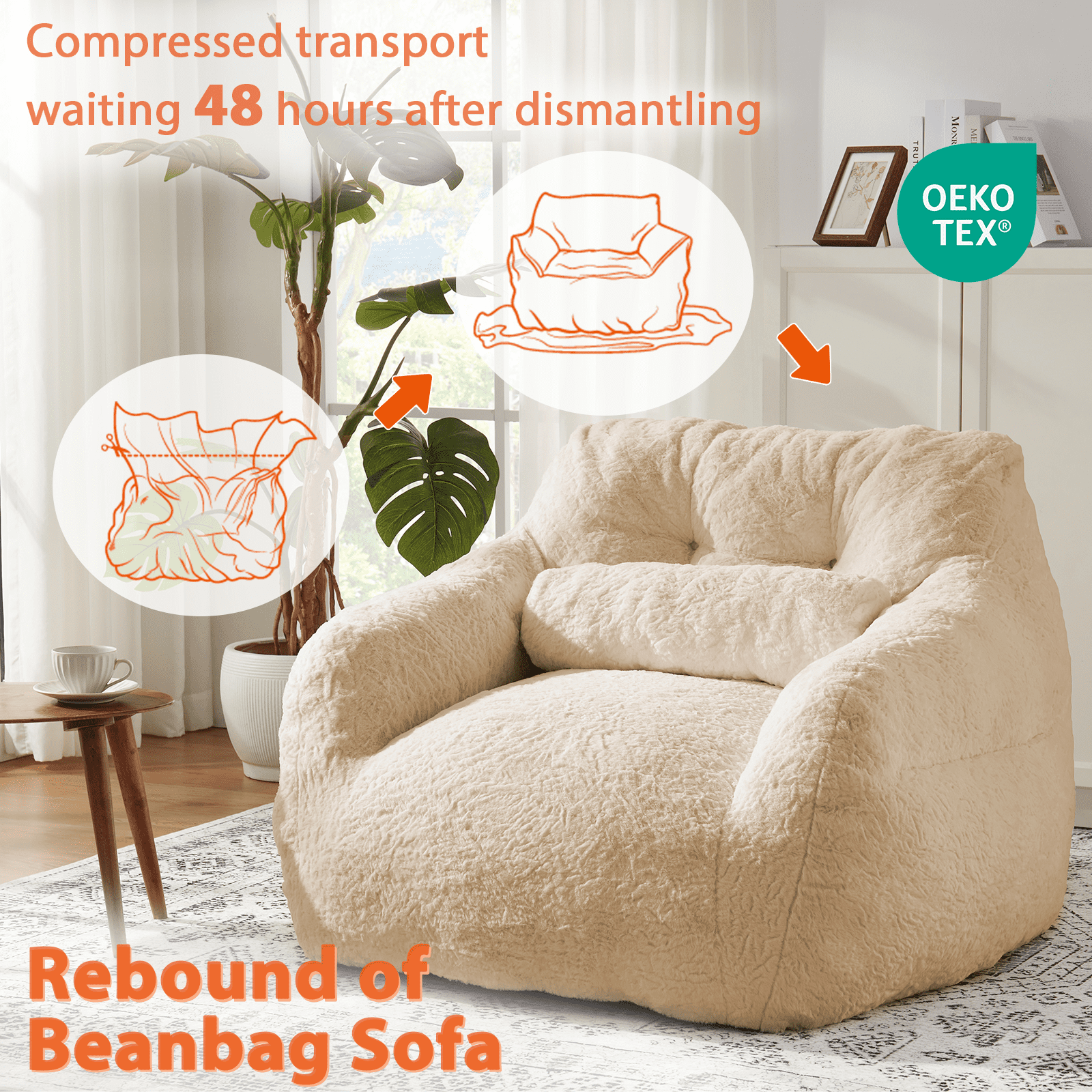 Ebenchico 3.8ft Oversized Bean Bag Chair for Adults Teens Kids, Beanbag Chairs with Pillow, Reading Gaming Relaxing Chair, Apricot