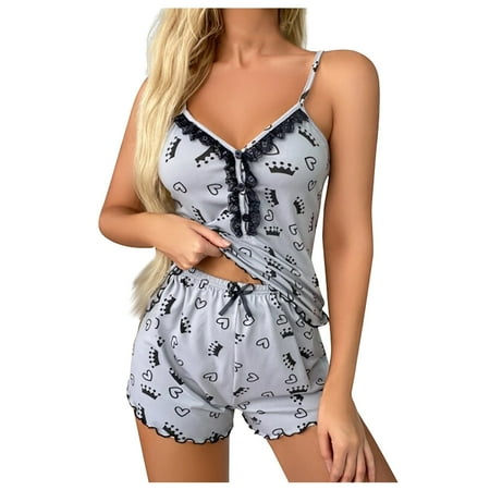 

BIZIZA Women s Pajama Set Cami Top and Shorts Lace Loungewear Soft 2 Piece PJ Sets Sleepwear