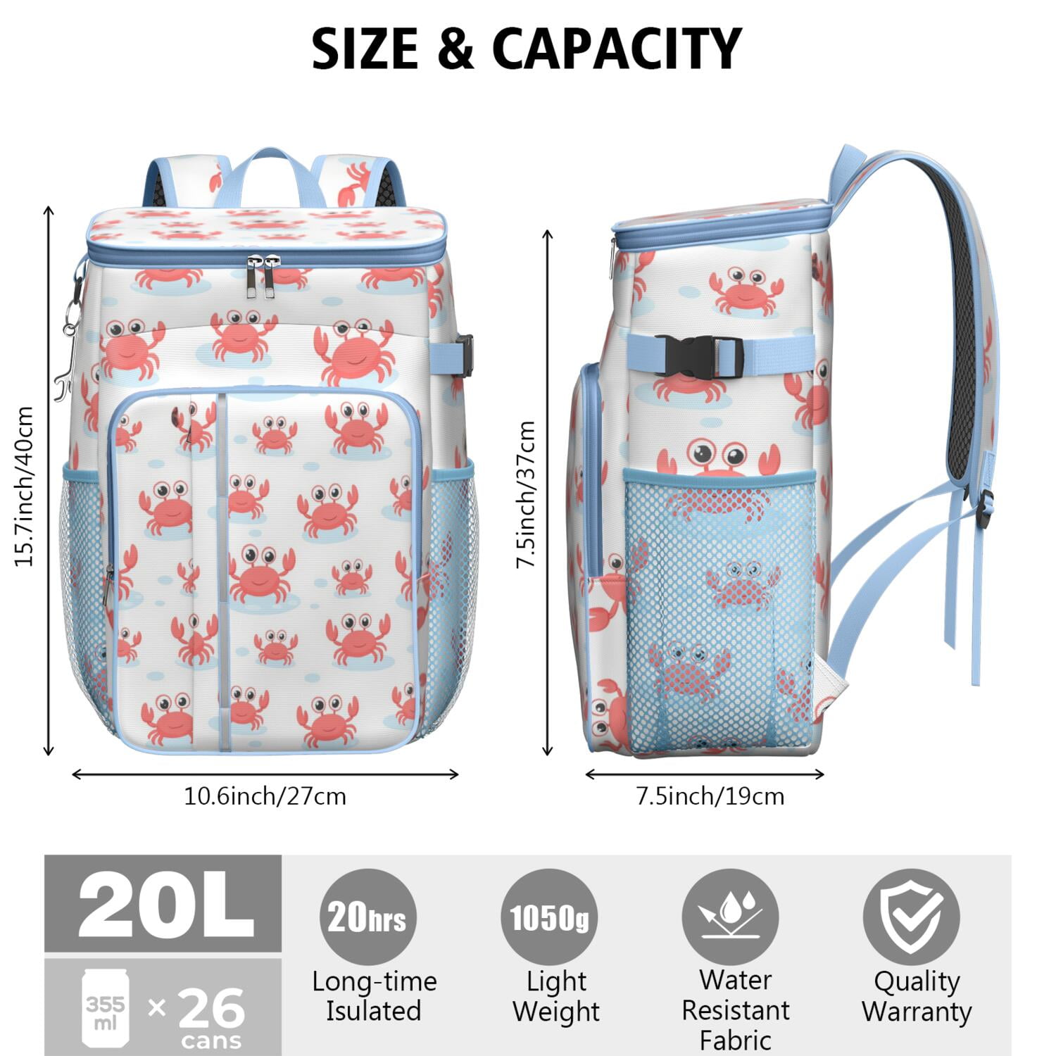 Insulated Cooler Backpack,Soft Backpack Coolers Insulated Leak Proof Travel Cooler Bag Waterproof Lunch Picnic Beach Work Trip Thermal Bag Drink Beverage Beer Bag Cooler Marine Adorable Crab